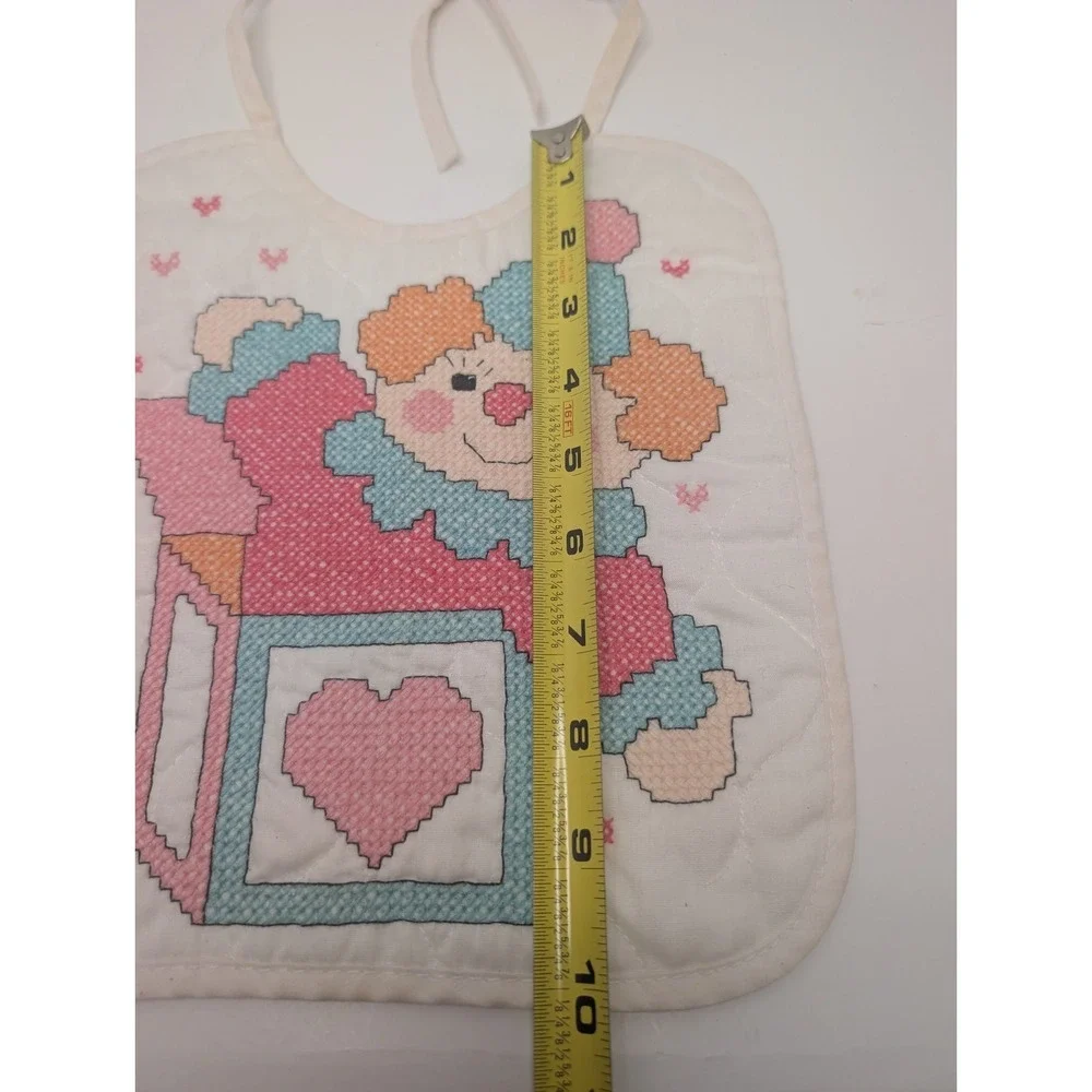 Vintage Handmade Cross Stitch Baby‎ Bib Clown Heart Nursery Cottagecore Tie Back